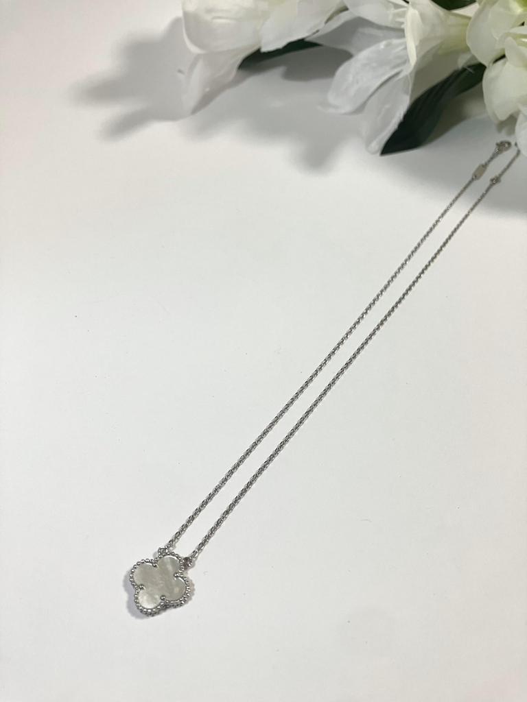 Clover Necklace K18 Pearl White Gold 18K Quatrefoil Gift Engraved Women's (A. White)