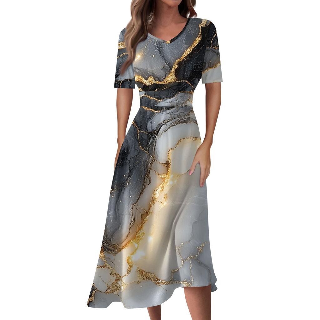 Ladies Casual Fashion Gradient Print V-Neck Short Sleeve Waist Long Swing Dress