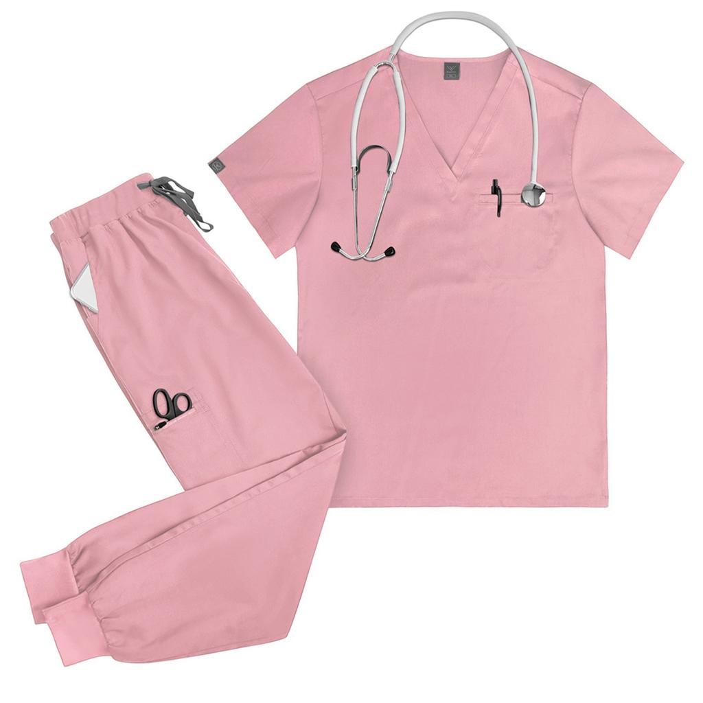 Женский однотонный топ с короткими рукавами и V-образным вырезом, карманами, рабочая одежда, комплект из двух предметов