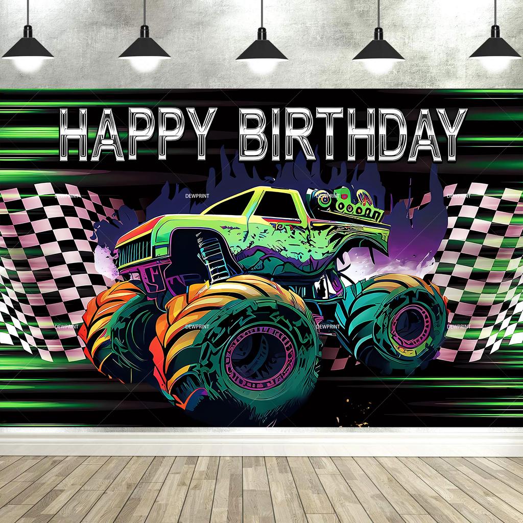 Monster Truck Backdrop Photography Happy Birthday Party Supplies Jam Burning Flame Car Grave Digger Boys Background Banner Props270
