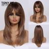Long Wavy Layered Black-Brown Shoulder-Length Wigs With Bangs Heat Resistant Synthetic Wigs for Women Cosplay Daily Natural Wigs