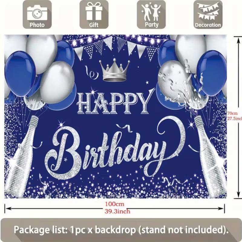 2D Glitter Silver Champagne Happy Birthday Backdrop Banner for Masculine Party Supplies
