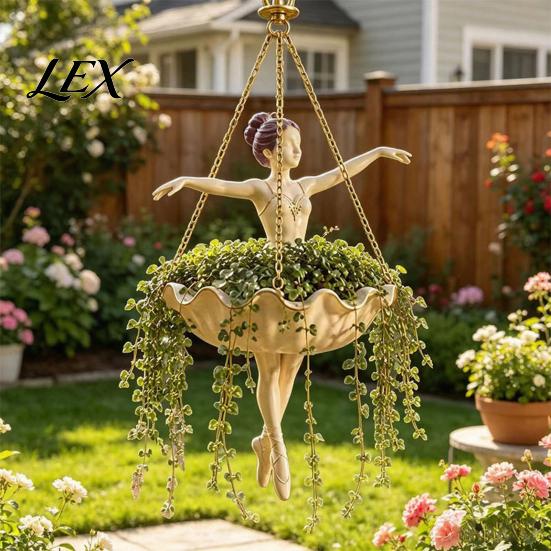 Vintage Style Hanging Basin Fairy Ballet Dancer Mermaid Planter, Resin Decorative Flower Pot with Metal Chain, Wall Vase Outdoor Indoor Garden