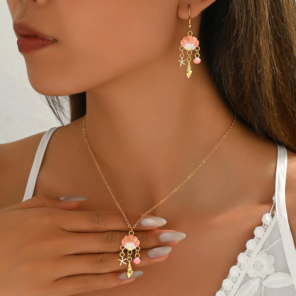 European and American beach ocean wind simple jewelry set fun drip starfish scallop conch earrings necklace women