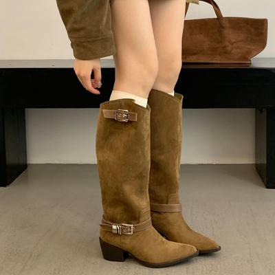 2025 новые сапоги-ботфорты с пряжкой на ремне, сапоги на толстом каблуке, женские сапоги до колена, узкие широкие сапоги