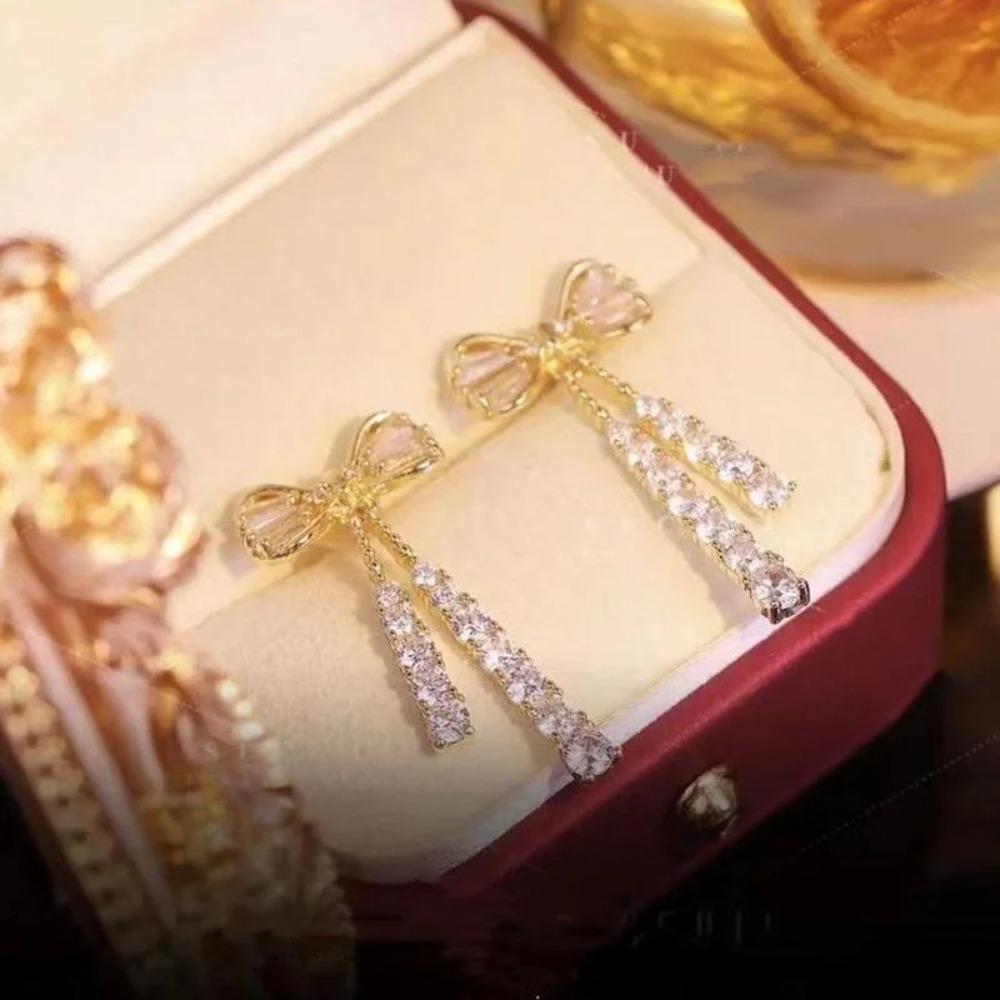 Серьги-бантики из кубического циркония, сверкающие серьги с длинной кисточкой, подарки, серьги с цирконом, женские