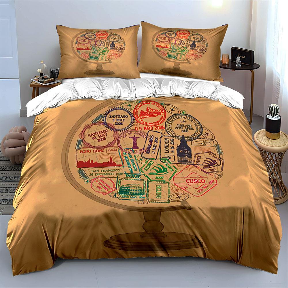 Travel Stamp Globe Design Bedding Duvet Cover Set Duvet Cover Pillowcases (1*Duvet Cover 2*Pillowcases, without duvet insert)