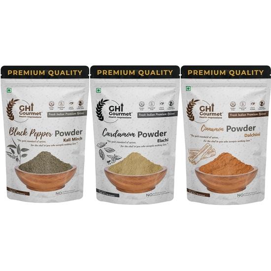 GOURMET HEALTH IMPRESSIONS Superior Grade Powdered Spices Combo | Tellicherry Black Pepper, Green Cardamom & Cinnamon Powder 75g Each | Pack of 3