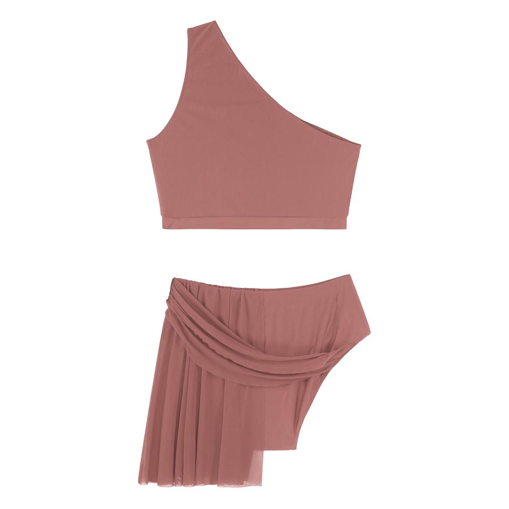 Женский лирический танцевальный костюм, укороченный топ на одно плечо с сетчатой юбкой, трусы, двухкомпонентный современный наряд