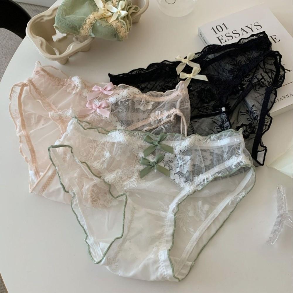 Comfortable Low Waist Lace Panties Bow Cotton Crotch Mesh Flower Briefs Lingerie Transparent Underwear for Women Girl