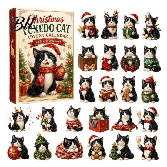 24 Day Christmas Countdown Cat Advent Calendar, with Cute Ornaments, Calendar 2D Acrylic Kitty Holiday Decorations, Gift for Kids, Party Favors Gifts