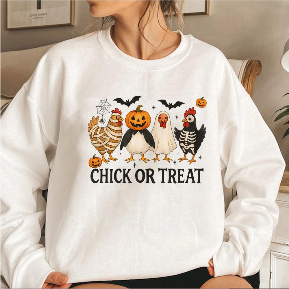 Свитшот 'Chick or Treat' Жуткая Курица Хэллоуинский Свитер С Длинным Рукавом Женские Свитшоты Забавный Хэллоуинский Куриный Худи Топы