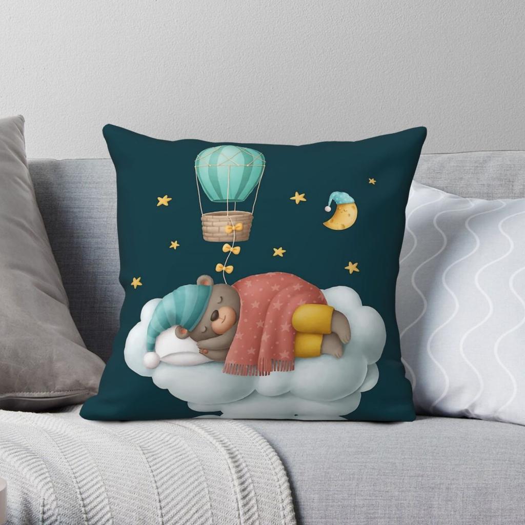 Dreaming Bear On The Cloud Square Pillowcase Polyester Linen Velvet Printed Decorative Sofa Seater Cushion Case Wholesale