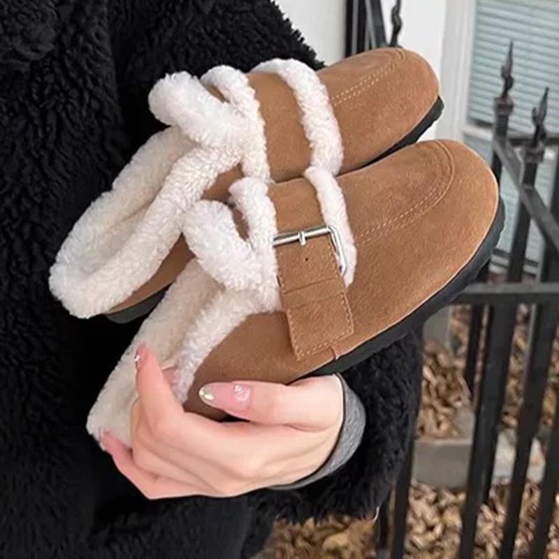 Меховые балетки женские хлопковые тапочки замшевые короткие плюшевые пряжки мюли обувь 2025 тренд теплые зимние сапоги уютные домашние зимние женские сапоги