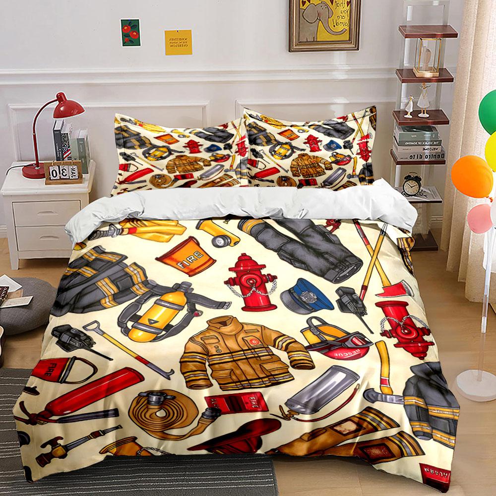 Firefighter Gear Three-Piece Set Bedding Set with 1 Duvet Cover 2 Pillowcases Single Double King Queen, Gift