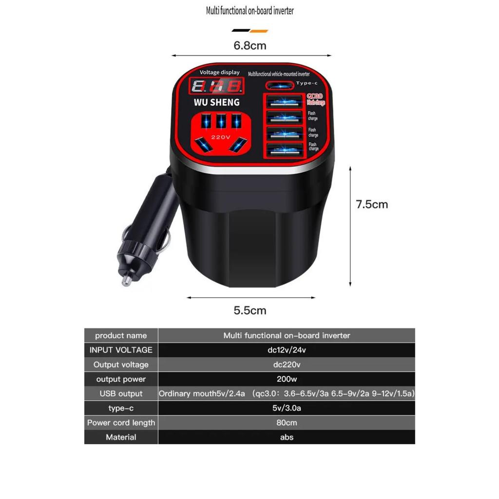 Автомобильный инвертор 24 В 12 В 220 В 120 Вт со светодиодным дисплеем 3, устанавливаемый в автомобиле инверторный преобразователь с чашкой, зарядное устройство QC, карманный инвертор