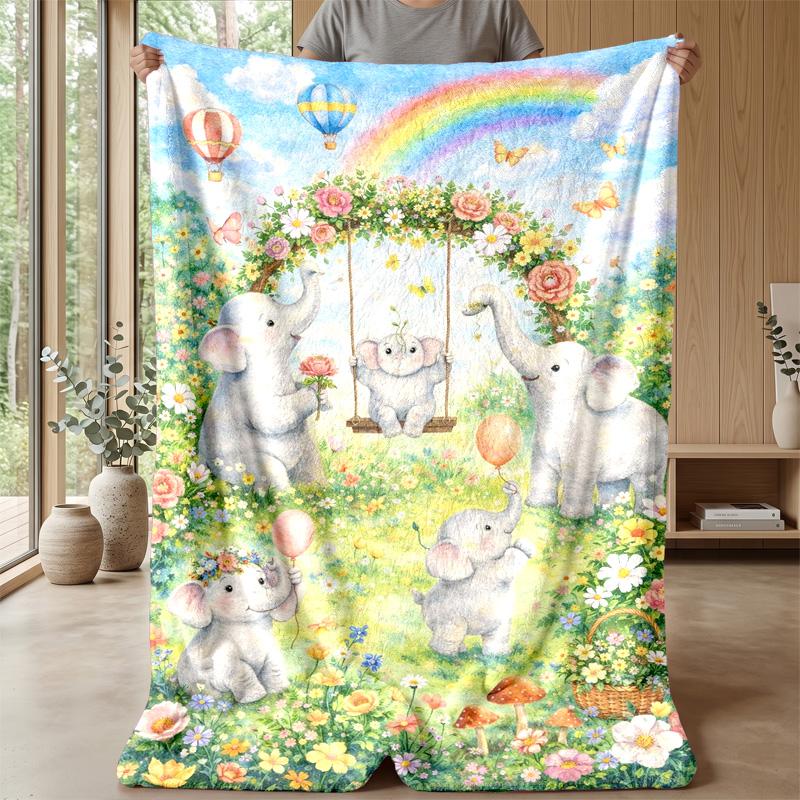 Elephants at Coastal Sunset Theme blanket Lightweight Warm Flannel Blanket Decorative Throw Blanket for Home Decoration