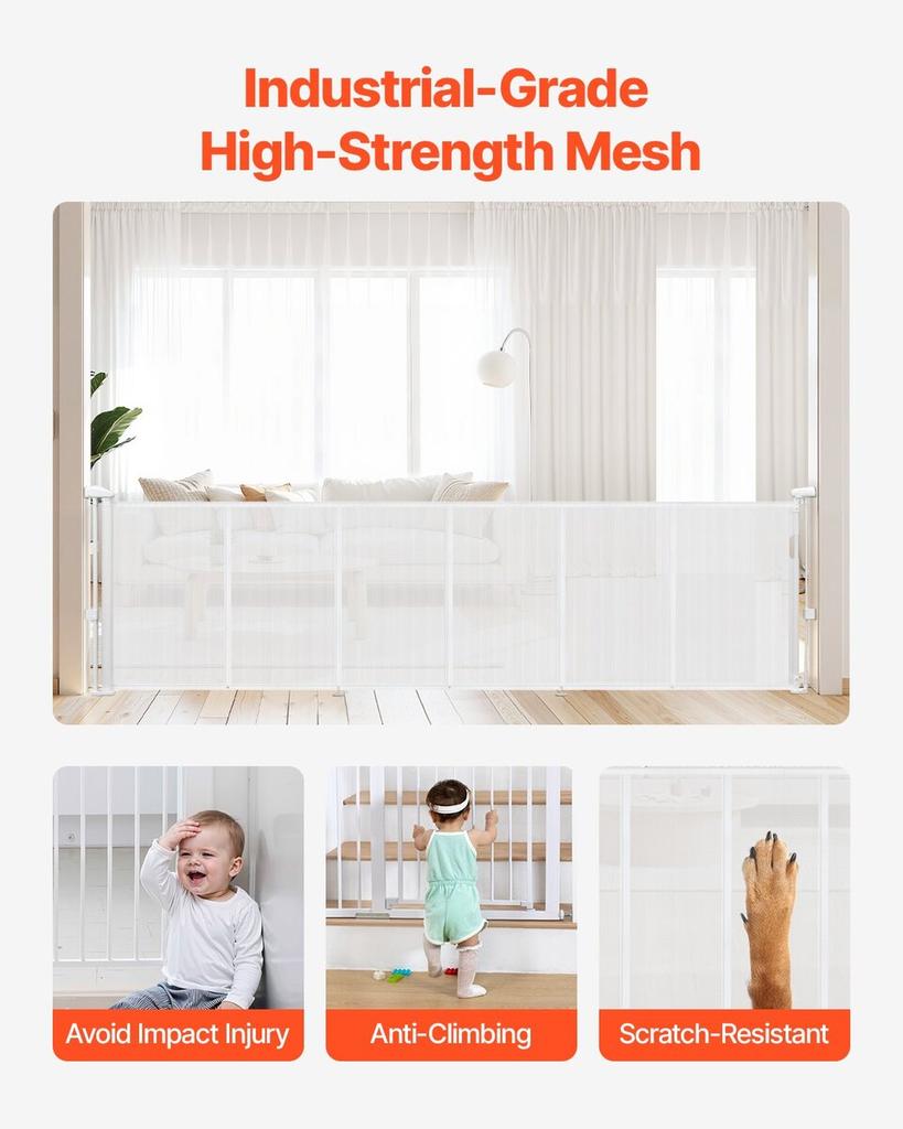 Retractable Baby Gate, 870 mm Tall, Extends up to 2800 mm Wide, Retractable Gate for Kids or Pets, Mesh Material, Easy to Install for Indoor Stairs,