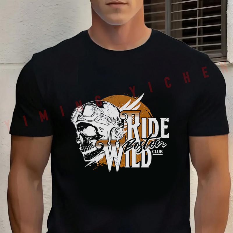 Black Motorcycle Ride Wild Graphic Print Cotton T-Shirt New Casual O-neck Short Sleeve Tees