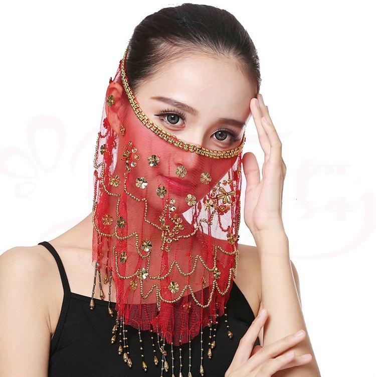 Beautiful Lady Belly Dance Dancing Face Mask Voile Wrap Scarf Sequin Perform Accessory