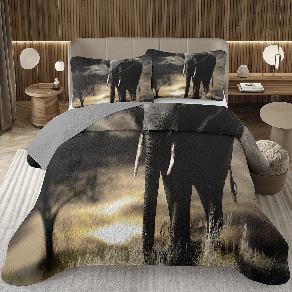 Elephant Bedspread Twin Queen King Size African Safari Animal Theme Quilt Set Jungle Wildlife Coverlet Set with 1/2 Pillowcase