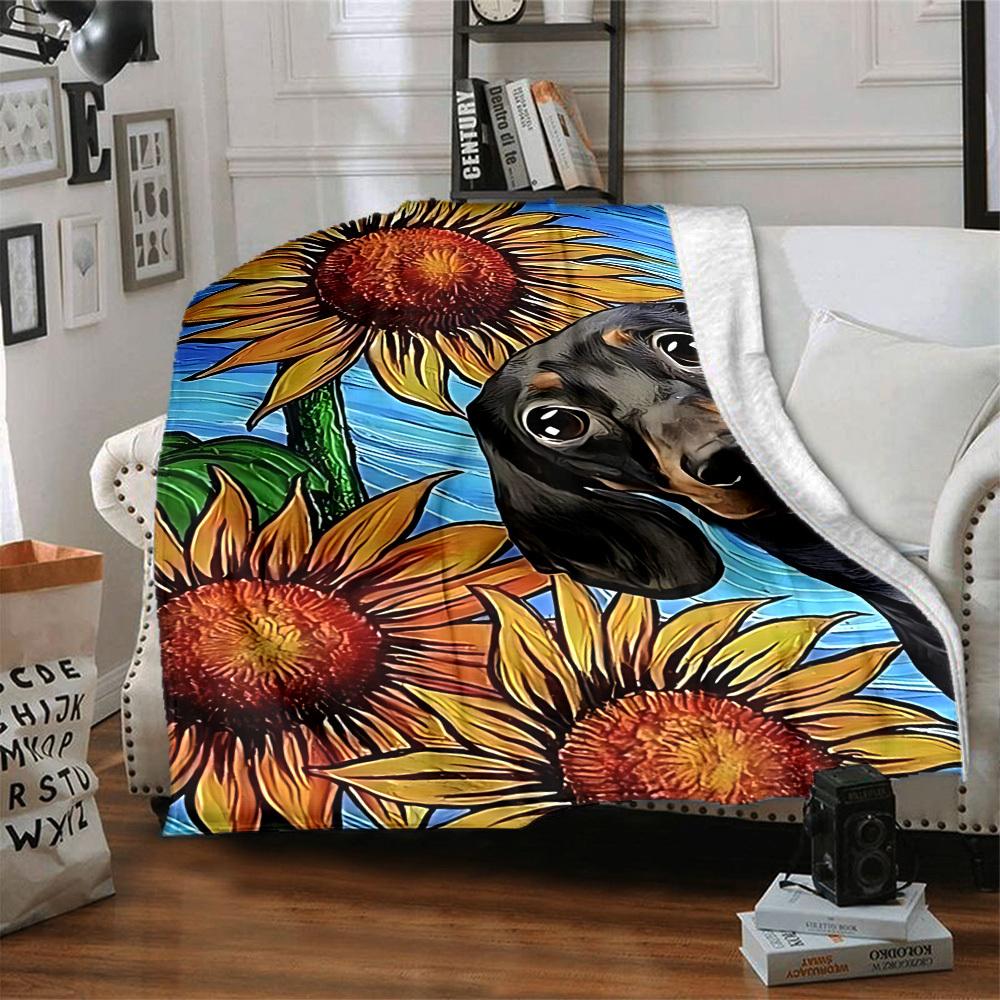 1PC Sunflower Dachshund Print Blanket, Throw For Sofa, Bed, Travel, Printing Blanket With Soft And Warm Fabric yy250918167