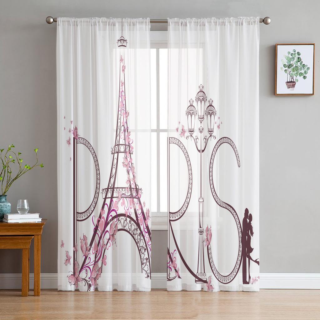 France Paris Eiffel Tower Pink White Chiffon Sheer Curtains for Living Room Bedroom Decoration Window Voiles Tulle Curtain