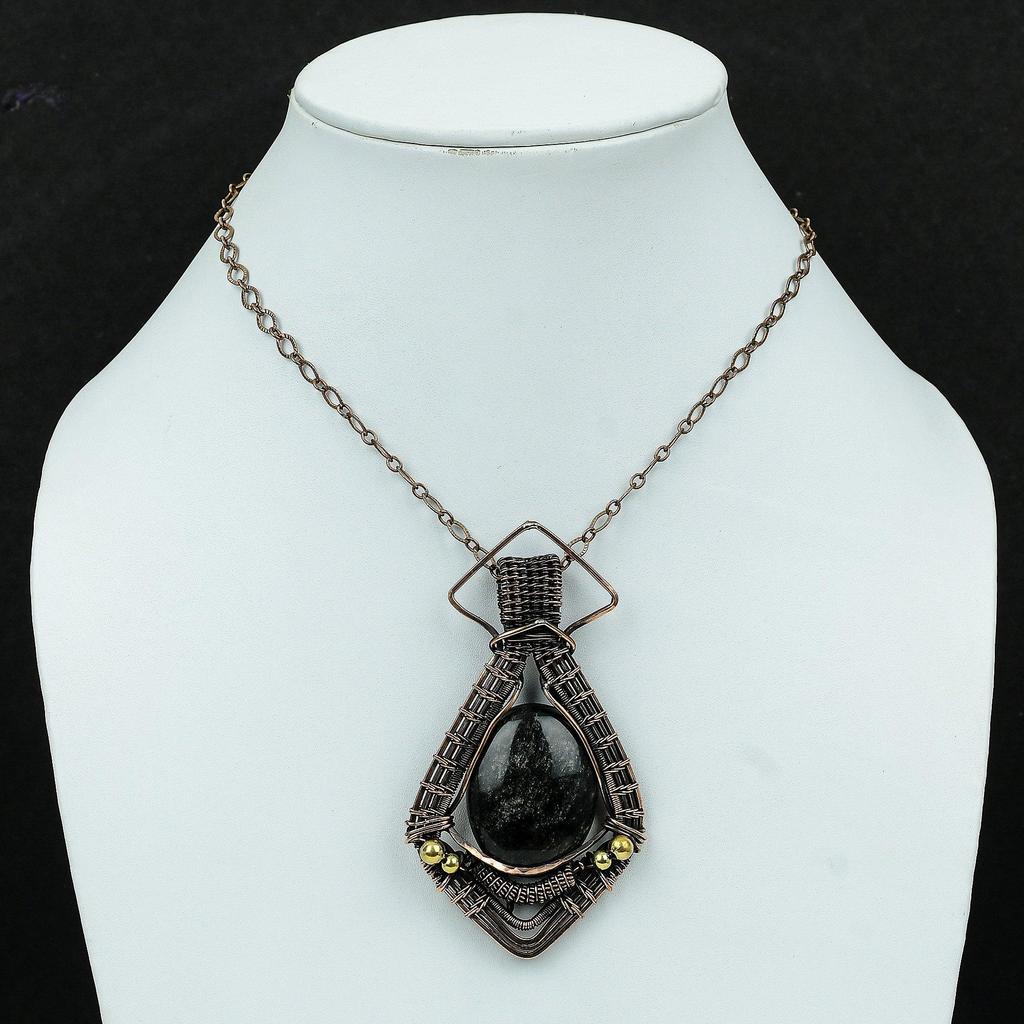 Серебряный блестящий обсидиановый кулон, медная проволока, обернутая кулоном, драгоценный камень, медные украшения, ручная работа, дизайнерский кулон, проволочная обертка, ювелирное изделие, подарок для нее