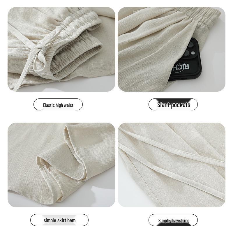 Women's High-Waisted Linen-Cotton Wide-Leg Pants: Loose, Slimming, Versatile, Textured Nine-Point Culottes