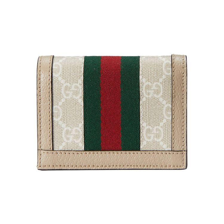 Gucci Ophidia GG Supreme Bi-Fold Card Wallet, Beige/Ebony Canvas with Web Stripe, Women's Mini Card Holder for Daily Use 523155-UULAG-9682