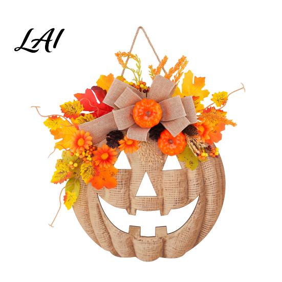 Artificial Autumn Flowers for Wall Wooden Pumpkin Halloween Door Sign with LED Lights Floral Hanging Warm Fall Lighted Wreaths Ornament Window