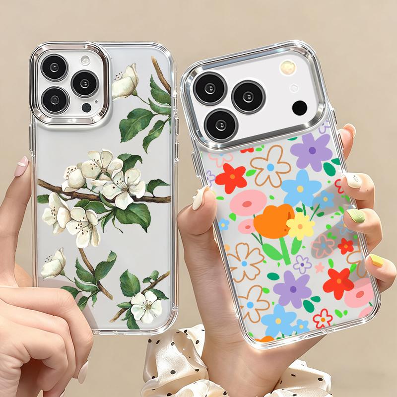 Розовый Мультяшный Цветочный Чехол Для iPhone 17 Pro Max iPhone 16 15 14 13 Pro Max 11 17e 16e Покрытие Рамка Камеры Прозрачная Мягкая Силиконовая Задняя Крышка