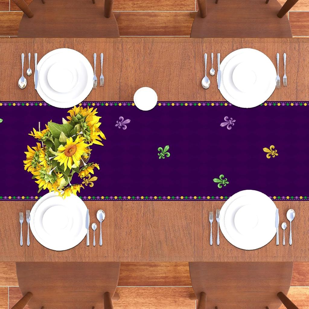 Mardi Gras Table Runner Purple Iris Fleur De Lis Tablecloth Fat Tuesday Brazil Carnival Masquerade Party Birthday Decorations and Supplies for Home