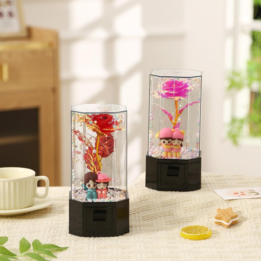 Gold foil flower rose eternal flower night light glass cover music jewelry gift box decoration gift ornament small table lamp