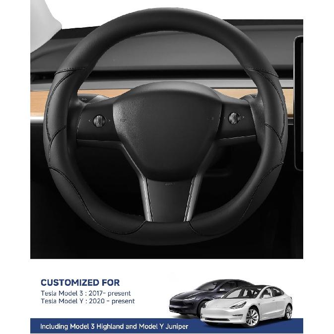 West Llama ized Nappa Leather Car Steering Wheel Cover for 2016-2025 Tesla Model 3/Model Y 2026 Juniper/Highland, Non-Slip Design of Tesla