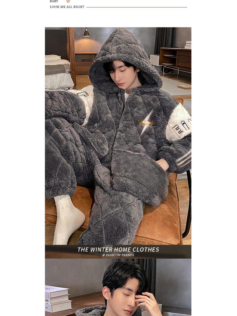 Men's Three-Layer Thickened Cotton Winter Pajamas - Warm, Simple, Luxury, and Suitable for Indoors and Outdoors.