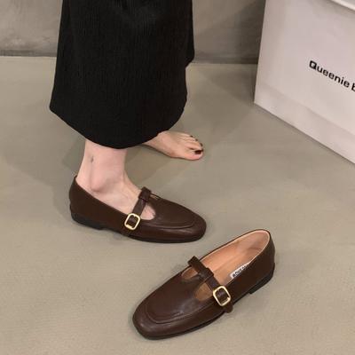 Туфли на плоской подошве с квадратным носком в британском стиле, женские туфли из кожи, новые весенне-осенние черные туфли-одиночки 2024 года, французские туфли Мэри Джейн