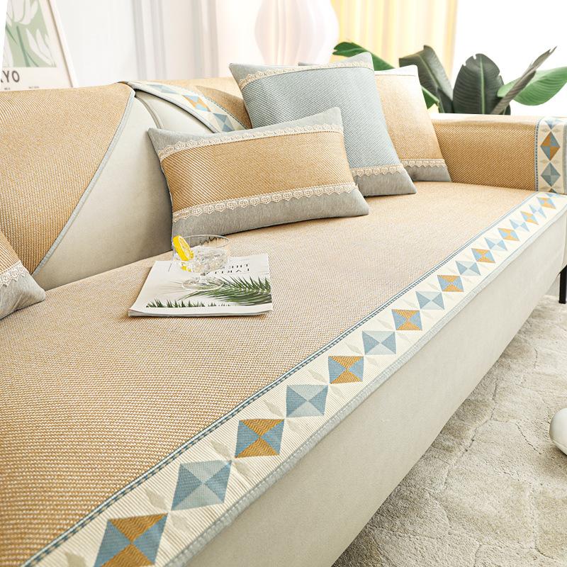 Коврик из ротанга из полыни Диванная подушка Ледяная нить противоскользящая вентиляция Изысканная вышивка Диванное полотенце Широкая окантовка полынь Чехол для дивана