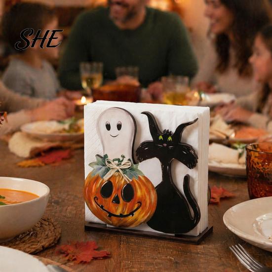 Halloween Gift for Party Lovers Ghost Wooden Napkin Holder, Cute Paper Towel Decorative Rustic Wood Tissue Organizer Stand, Freestanding Dispenser