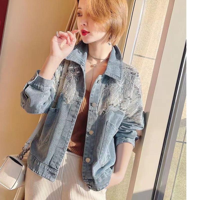 Short Crop Sequin 2025 Fashion Small with Rhinestones Diamonds Denim Jacket for Women Trend New Collection In Cowboy Coat Woman
