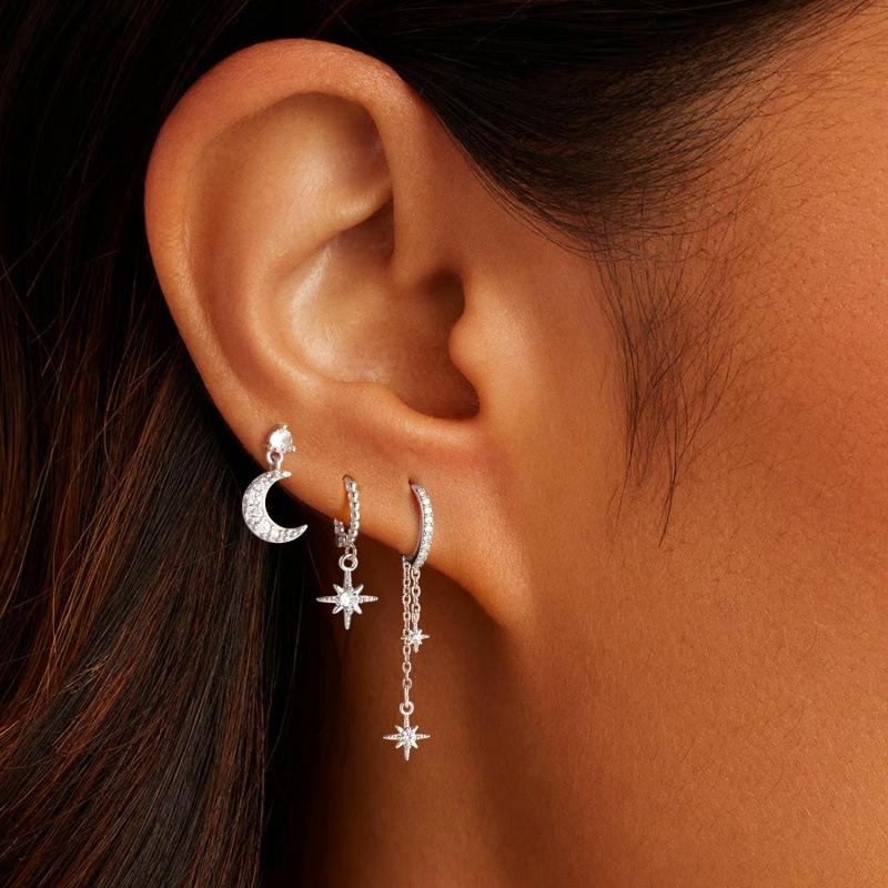 Brass real gold electroplating, hot-selling in Europe and America, inlaid with zircon stars, moon luxury women's stud earrings and earrings set.