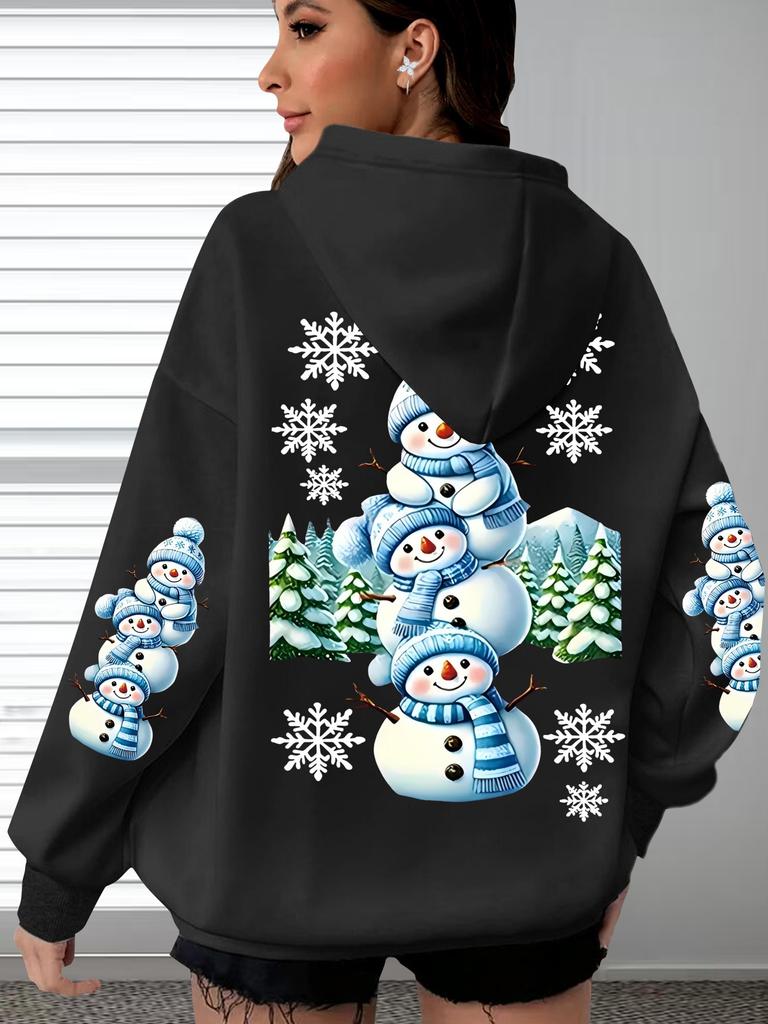 Women Snowman Print Casual Hooded Sweatshirt With Pocket