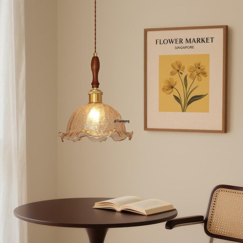 French Mid-Century Solid Wood Bedside Pendant Light