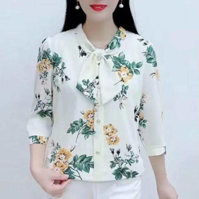 Летняя модная шифоновая рубашка для женщин среднего возраста, блузка с рукавом 3/4 с принтом, топ для мам, новая офисная женская корейская блузка