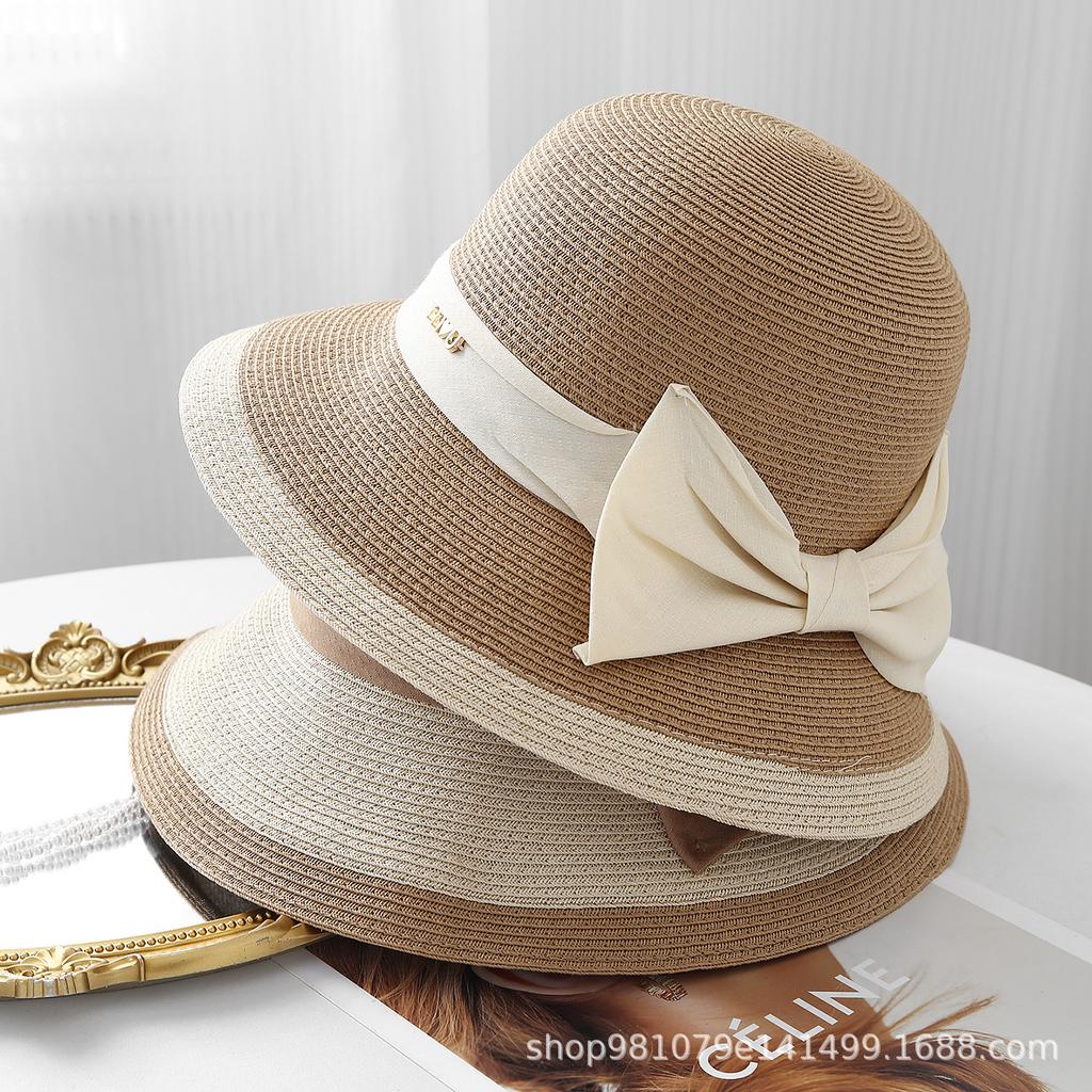 Elegant bucket hat women's straw bow beach hat crimped temperament straw hat summer sun hat top hat