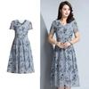 Модное женское повседневное платье трапециевидной формы с цветочным принтом и v-образным вырезом с короткими рукавами, длинное платье