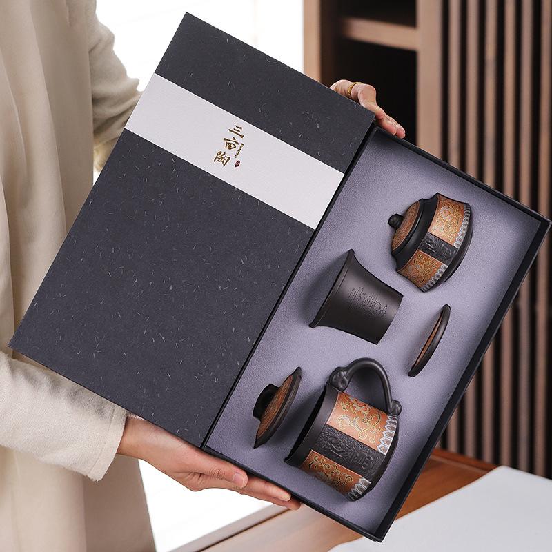 Purple sand teacup with lid filter tea separation cup office cup mug household personal tea cup gift box