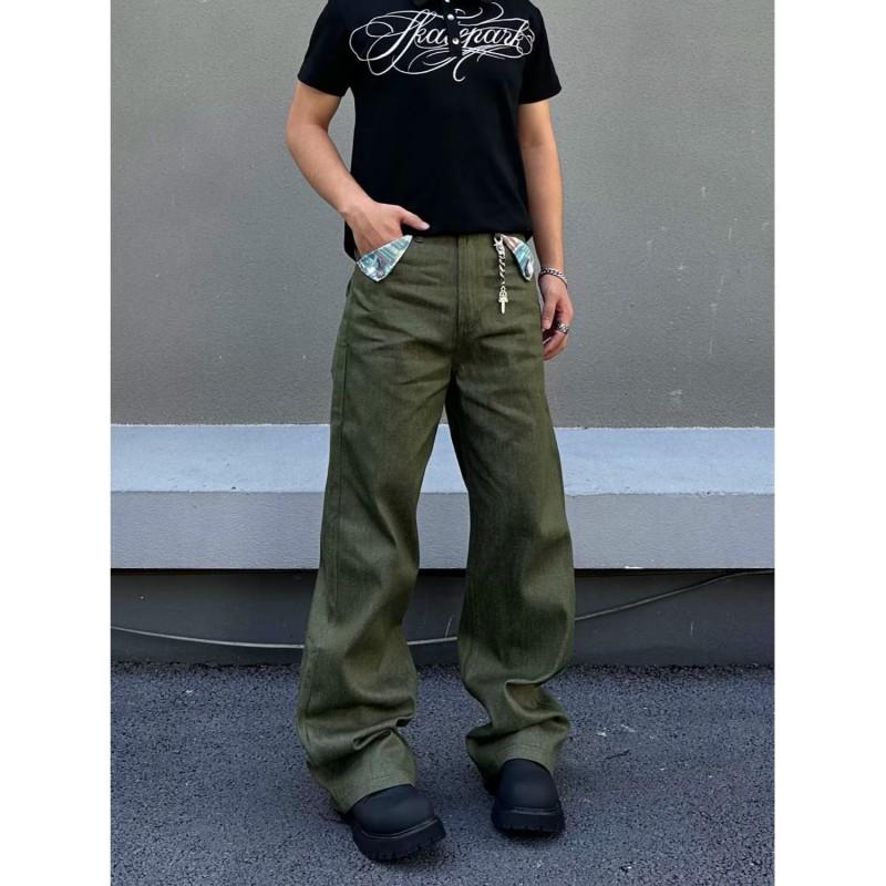 American Vintage Mustard Green Patchwork Jeans Loose Straight Leg Pants Men