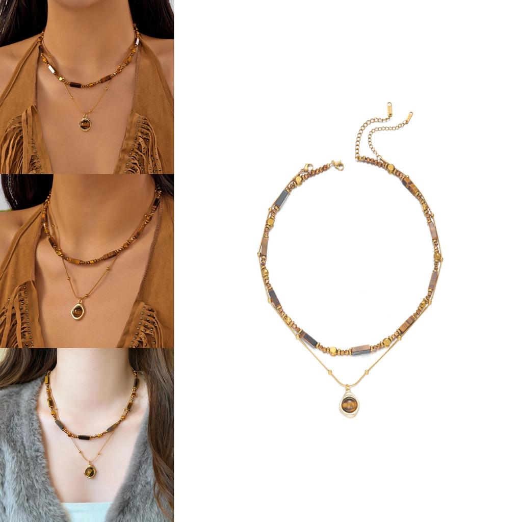 Tiger Eye Beaded Necklace With Steel Pendant Geometric Design For Fashion Casual Wear