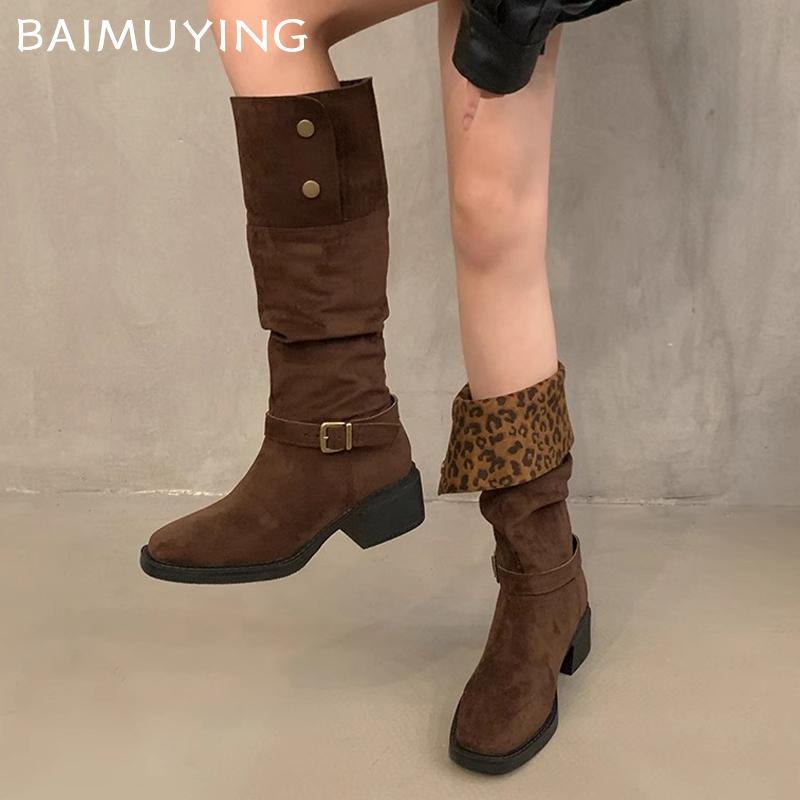 Замшевые женские высокие сапоги на толстом каблуке до колена, туфли на среднем каблуке, зимняя женская тенденция 2024 года, новые готические модные туфли-лодочки Snow Chelsea Botas Mujer